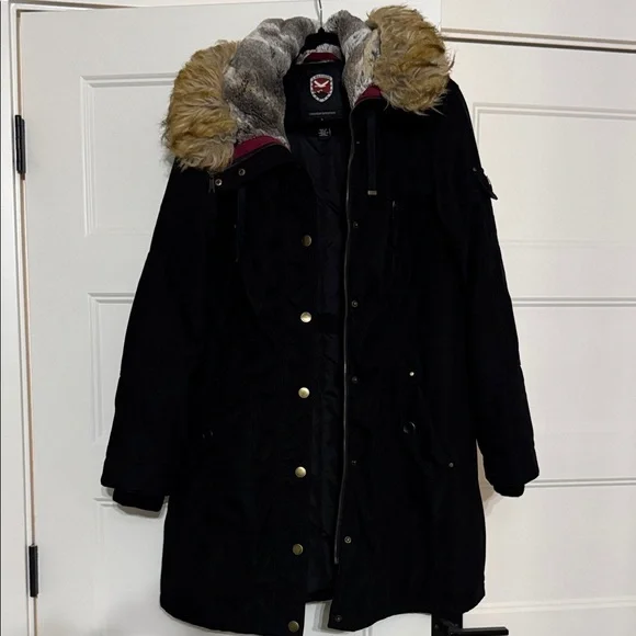 Madison Black Coat with Faux Fur Hood - Picture 1 of 14